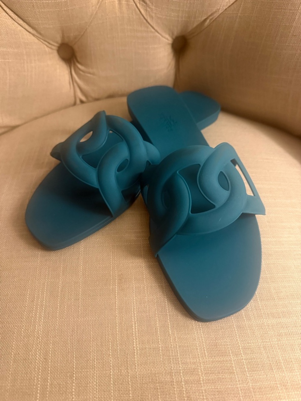 Hermes Teal Slide Sandals with Signature Cutout Strap